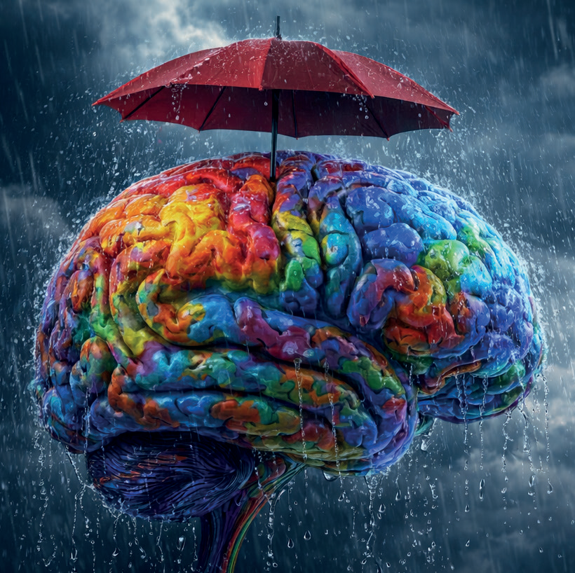 Detail of the official Neurobioethics course artwork: a colourful brain protected by an umbrella